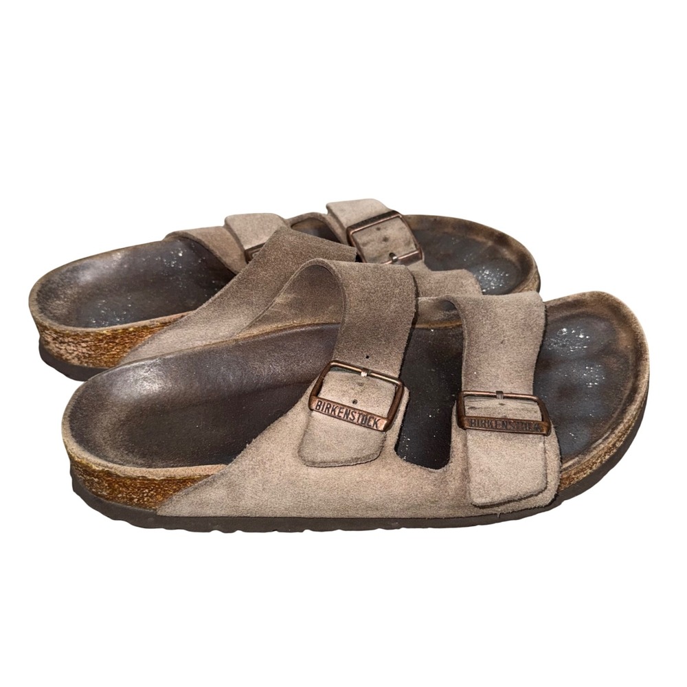 Birkenstock Arizona Sandals Women 38 Taupe Good Suede Double Strap Cork
